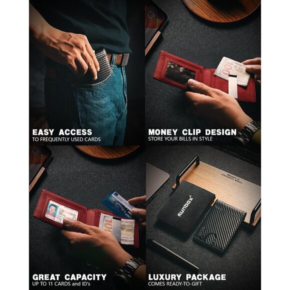 Wallet for Men Slim 11 Credit Card Holder Slots Red Leather RFID Blocking Money - Picture 3 of 6